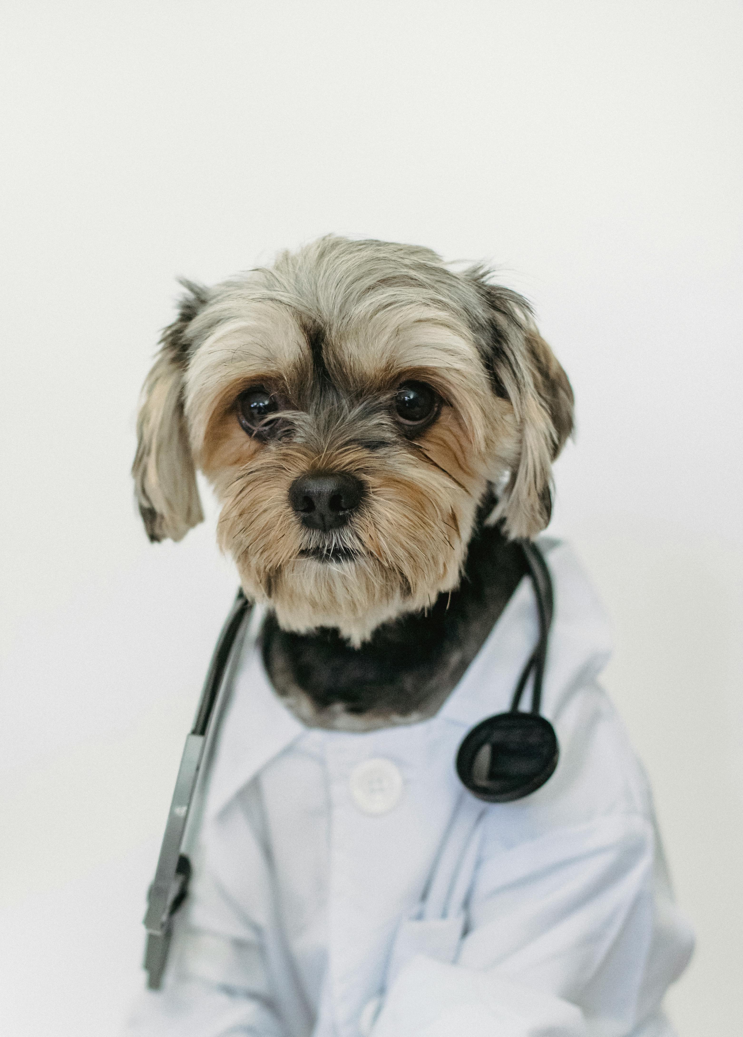 Small dog dressed as a veterinarian with a stethoscope